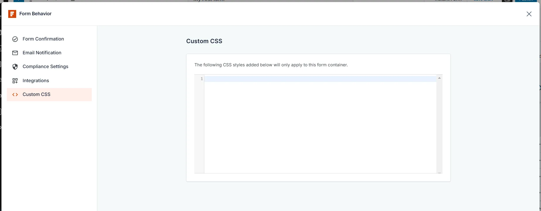 SureForms custom CSS settings page showing code editor for adding form-specific styles in WordPress.