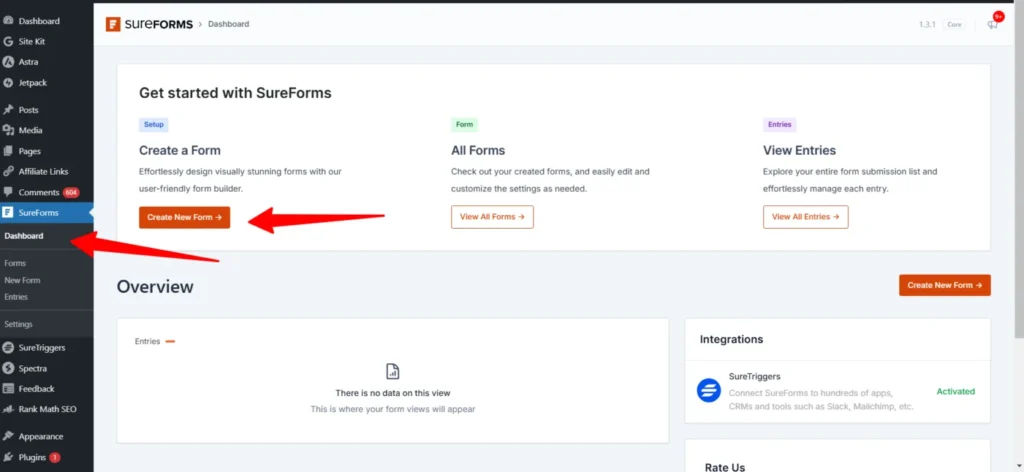 SureForms dashboard in WordPress showing Create New Form button and navigation menu to start building a form.