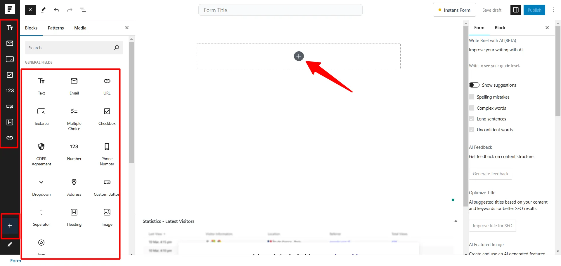 SureForms drag and drop form builder showing field blocks like text, email, checkbox, and add block button in Gutenberg editor.