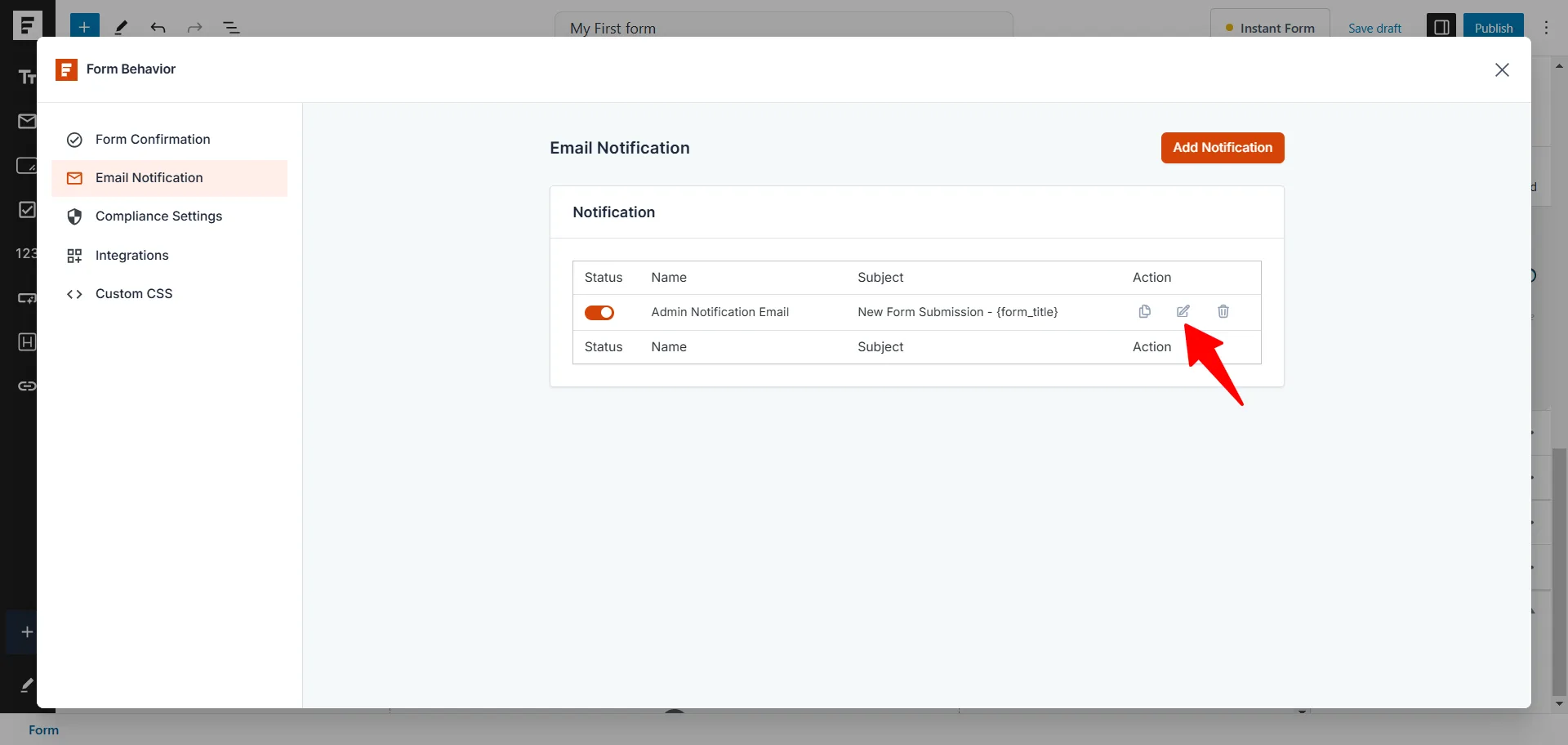 SureForms email notification settings showing admin notification email, subject line, and action options in WordPress.