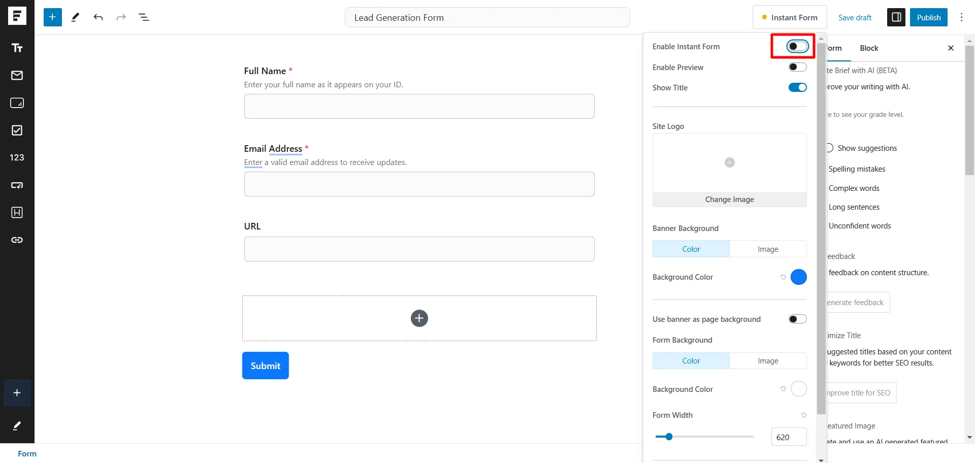 SureForms Instant Form settings panel showing enable toggle switched on in Gutenberg editor.
