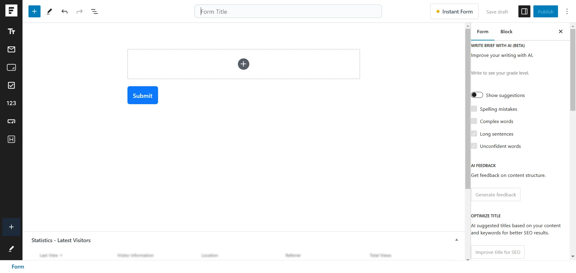 SureForms form builder interface in WordPress showing Gutenberg editor with form fields, submit button, and AI writing assistant panel.