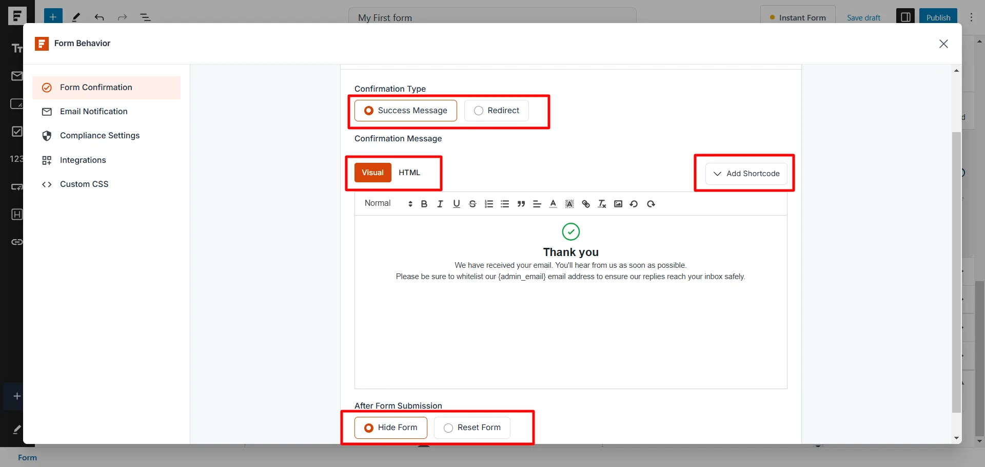 SureForms form confirmation settings showing success message, redirect option, and post submission behavior in WordPress.