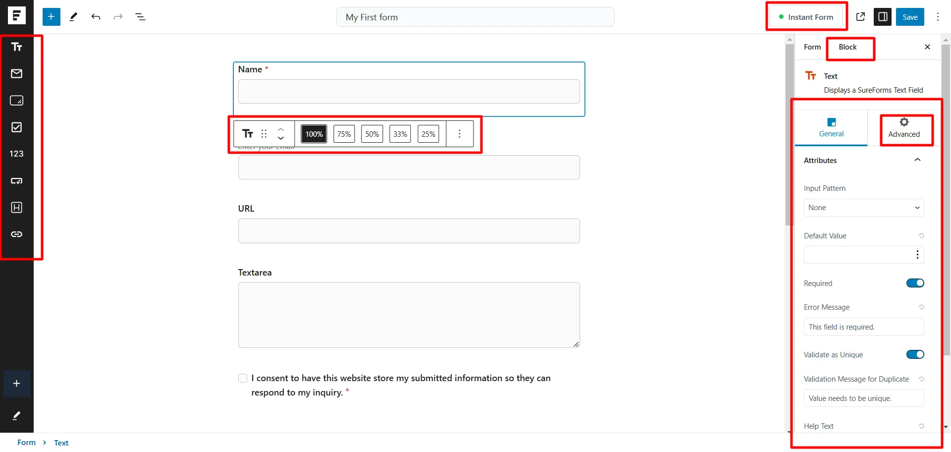 SureForms form field settings panel showing text field options, attributes, validation settings, and layout controls in Gutenberg editor.
