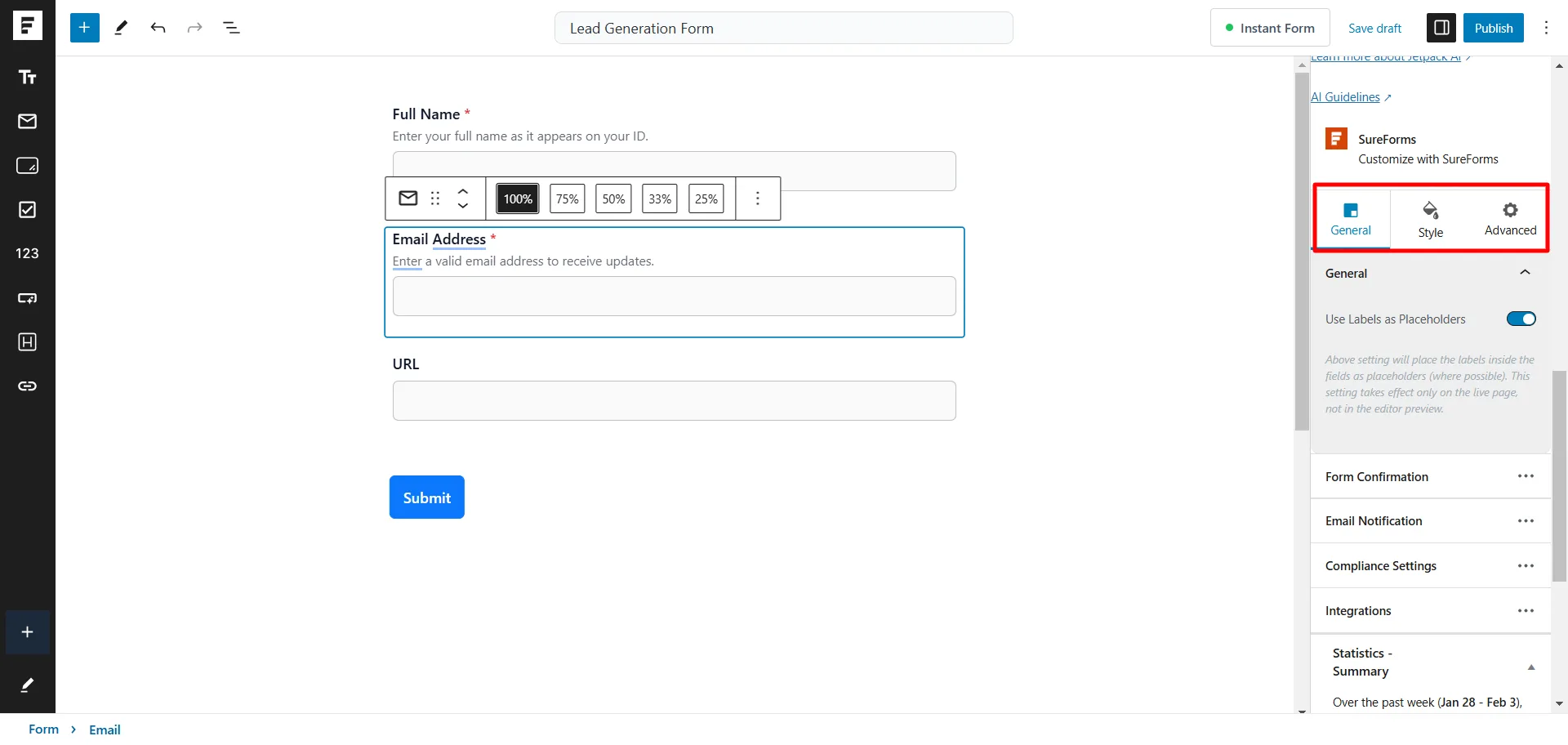 SureForms Style tab in Gutenberg editor showing form container customization options like colors, spacing, and button alignment.