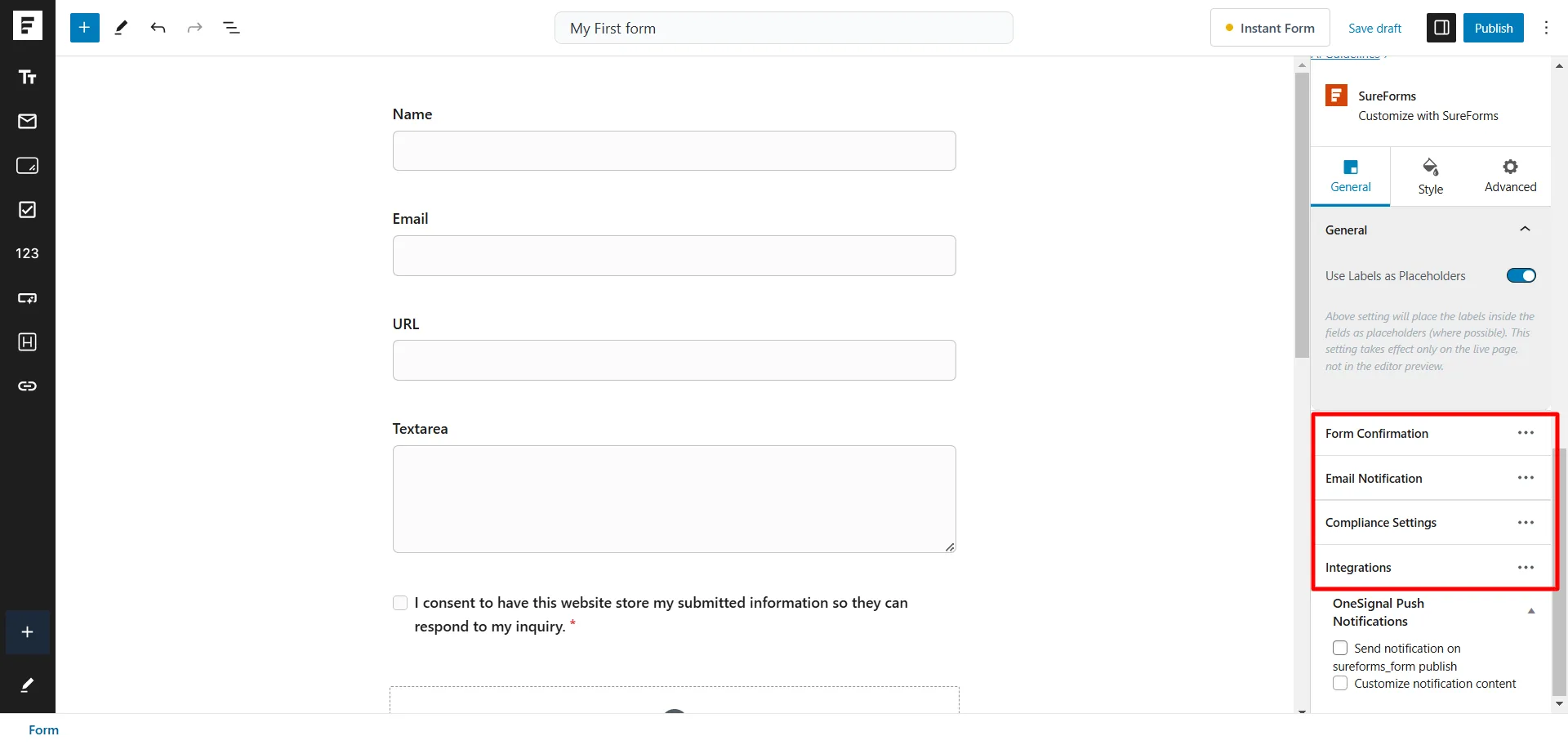 SureForms form editor showing form fields with settings panel for confirmation, email notifications, compliance, and integrations in Gutenberg.