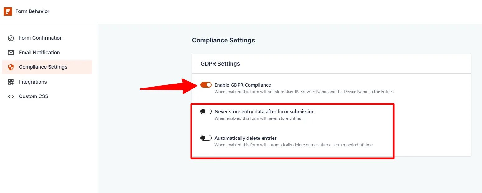 SureForms GDPR compliance settings showing enable GDPR toggle, data storage options, and automatic entry deletion in WordPress.