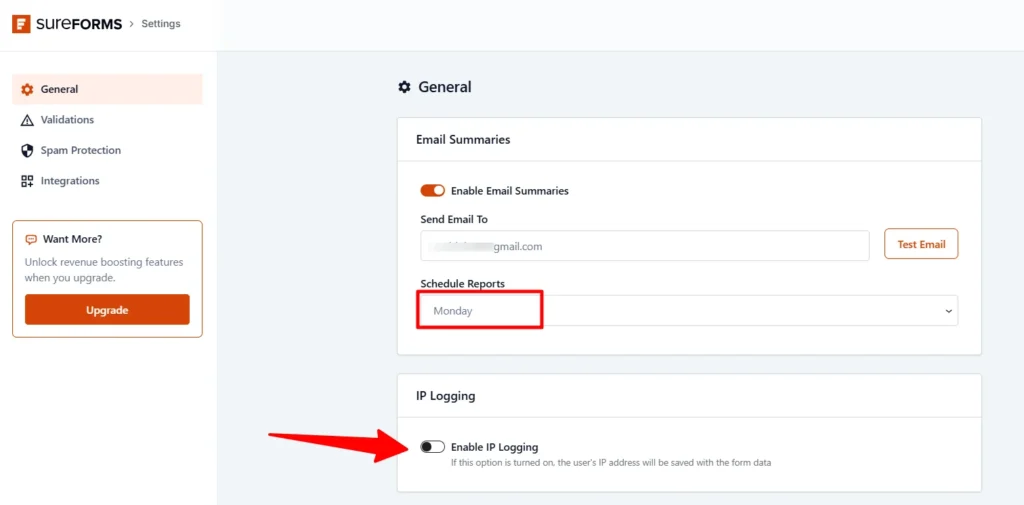 SureForms general settings page showing email summaries, schedule reports, and IP logging options in WordPress dashboard.