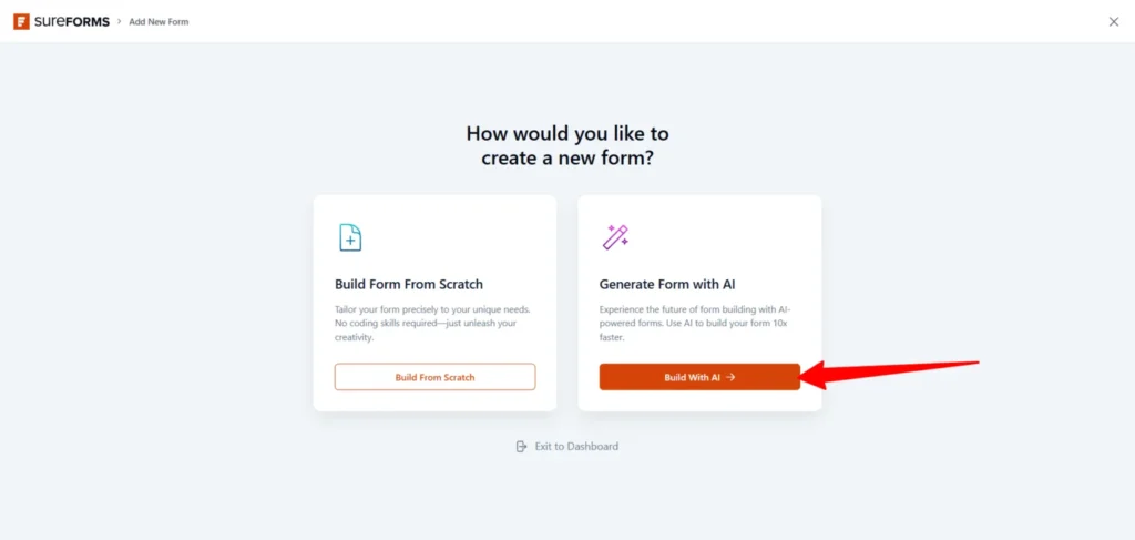 SureForms new form screen showing Generate Form with AI option and Build With AI button in WordPress dashboard.