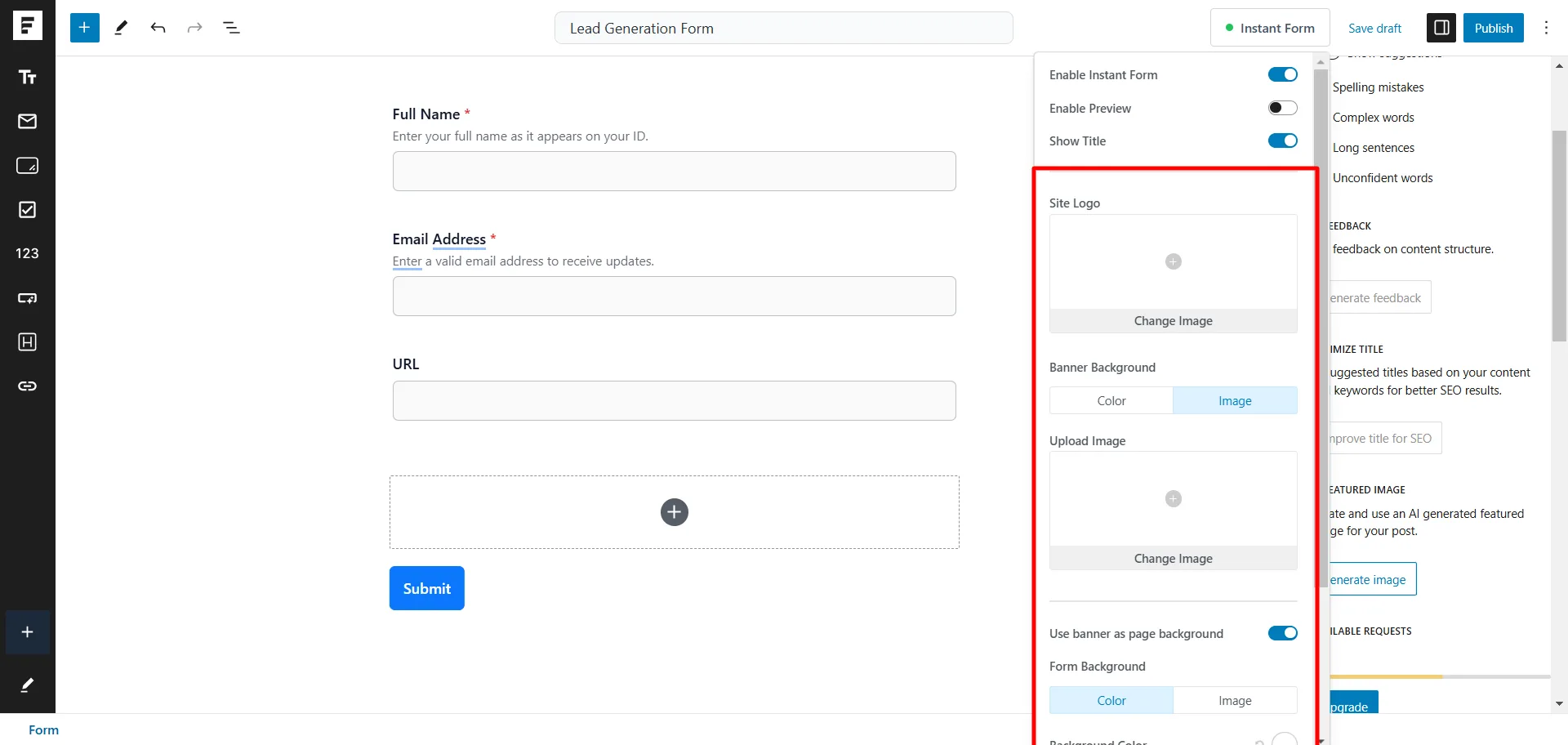 SureForms Instant Form settings panel showing site logo upload and banner background customization options.