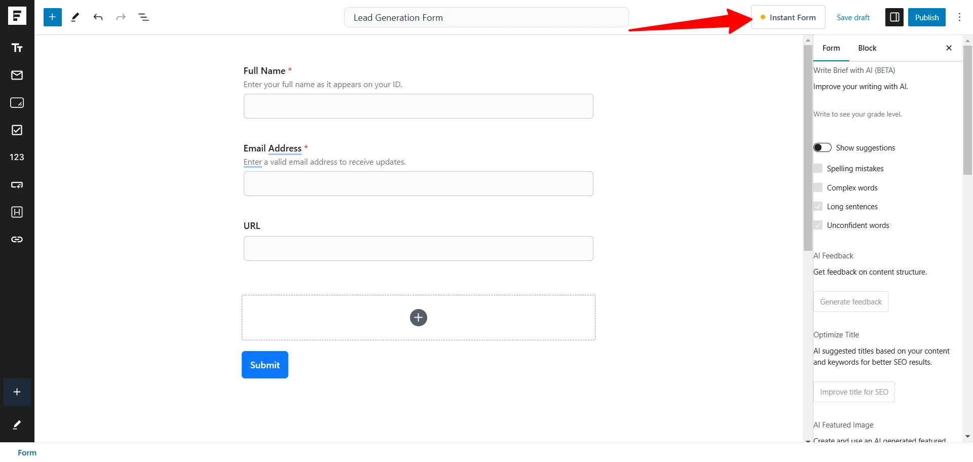 SureForms Gutenberg editor showing Instant Form toggle enabled while creating a lead generation form.