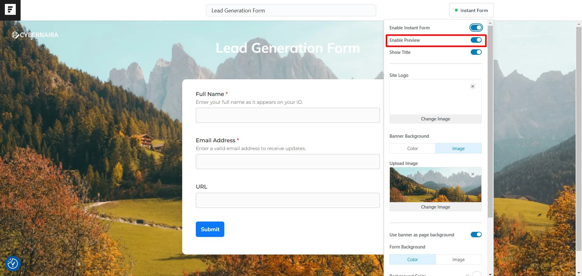 SureForms Instant Form preview showing a lead generation form with custom banner background and enabled preview mode.
