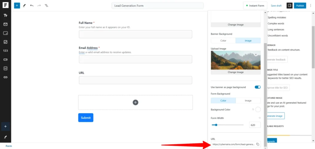 SureForms Instant Form settings showing generated form URL with option to copy link in Gutenberg editor.