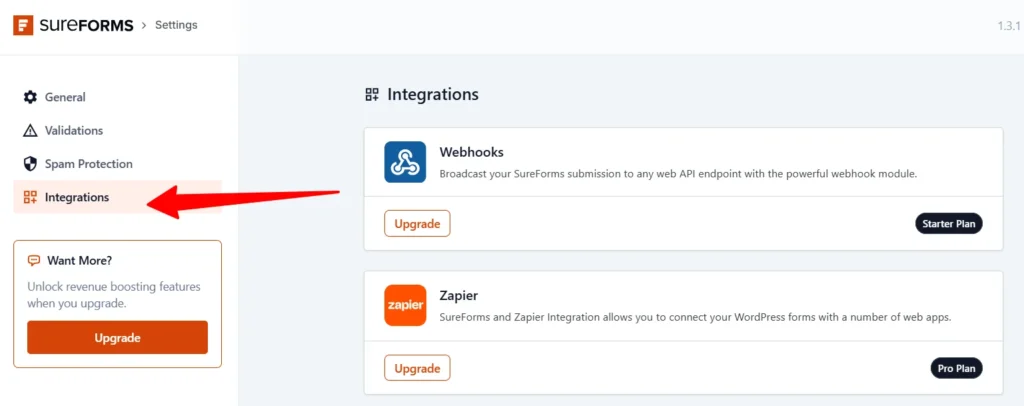 SureForms integrations settings page showing Webhooks and Zapier integration options in WordPress dashboard.
