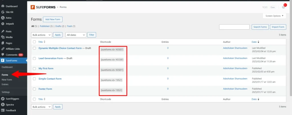 SureForms forms list in WordPress dashboard showing available forms and their shortcodes to embed on pages or posts.