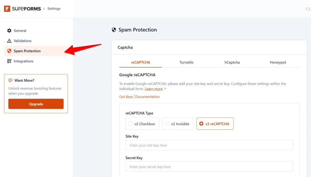SureForms spam protection settings page showing Google reCAPTCHA configuration with v2 and v3 options in WordPress.