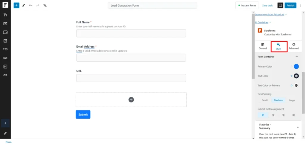 SureForms Style tab in Gutenberg editor showing form container customization options like colors, spacing, and button alignment.