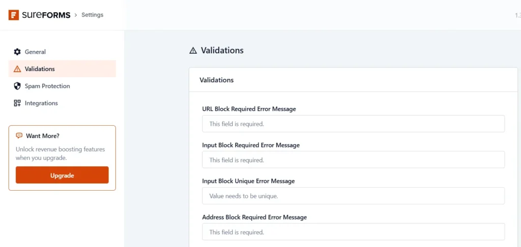 SureForms validations settings page showing required and unique error message fields in WordPress dashboard.