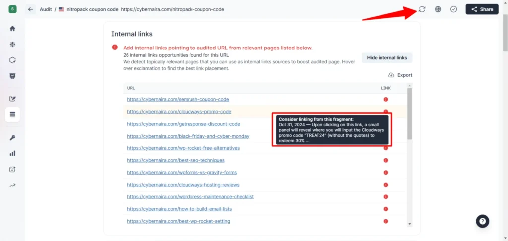 Surfer SEO audit tool showing internal link suggestions with relevant pages and recommended linking snippets.