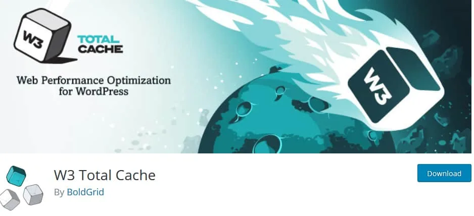 W3 Total Cache WordPress plugin banner showing web performance optimization plugin by BoldGrid.