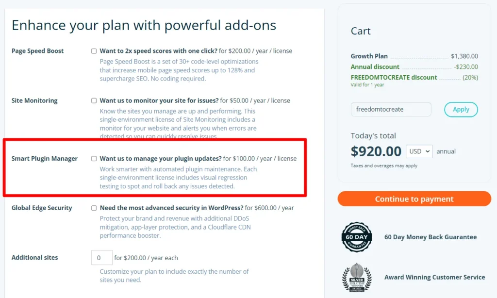 WP Engine add-ons page highlighting Smart Plugin Manager option with pricing and description for automated plugin updates.