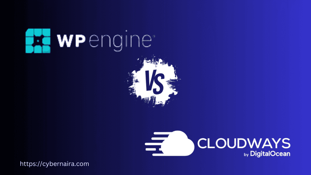 WP Engine vs Cloudways by DigitalOcean comparison graphic with both logos and a VS symbol on a gradient background.