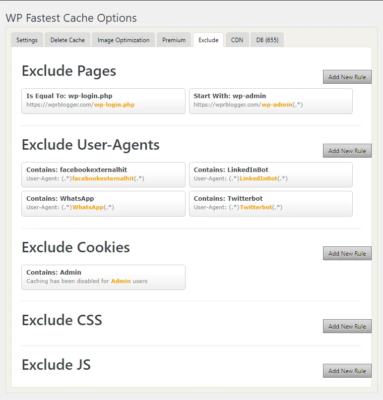 WP Fastest Cache exclude rules settings showing excluded pages, user agents, cookies, CSS, and JS.