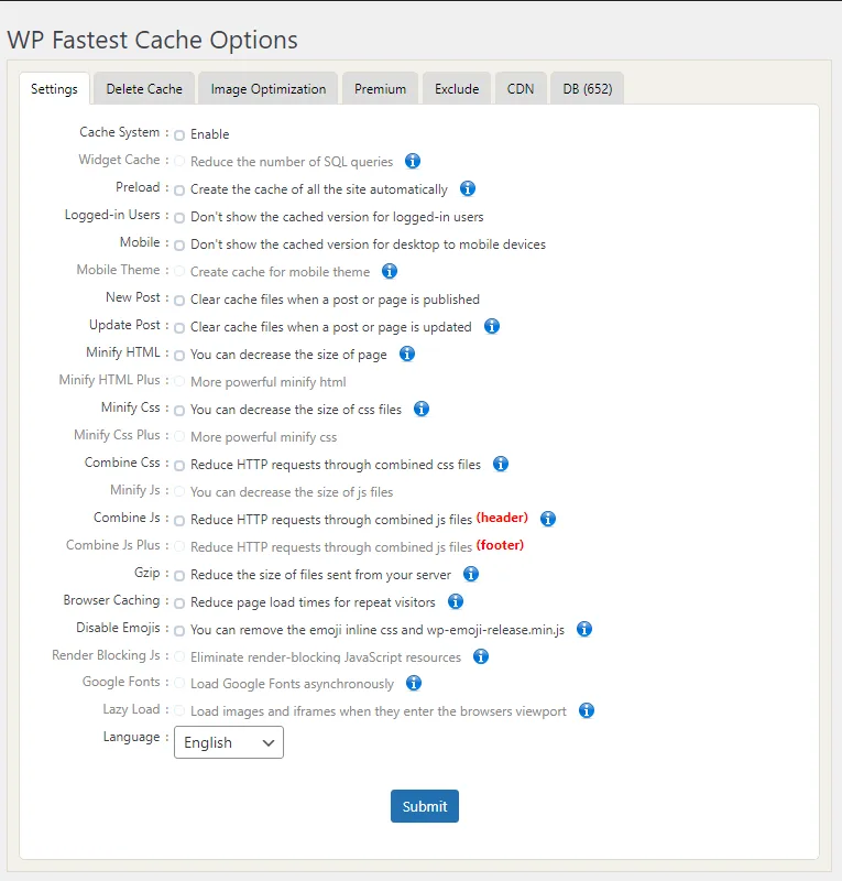 WP Fastest Cache settings page showing options for cache system, minify CSS and JS, Gzip, browser caching, and lazy load.