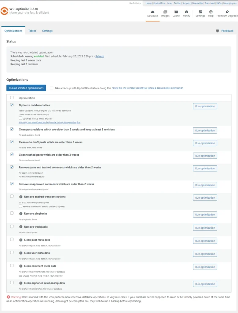 WP Optimize plugin database optimization page showing options to clean post revisions, drafts, spam comments, and optimize database tables.