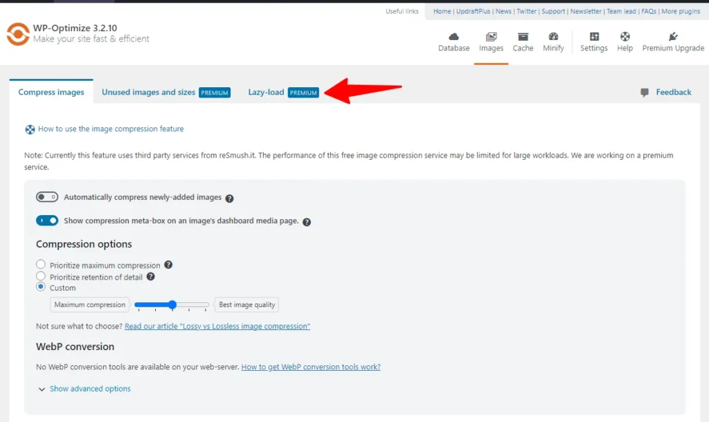 WP Optimize plugin image optimization settings showing compress images option and lazy load feature tab in WordPress.