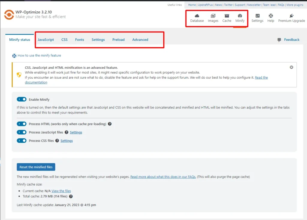 WP Optimize plugin dashboard showing minify settings for JavaScript, CSS, fonts, and cache optimization in WordPress.