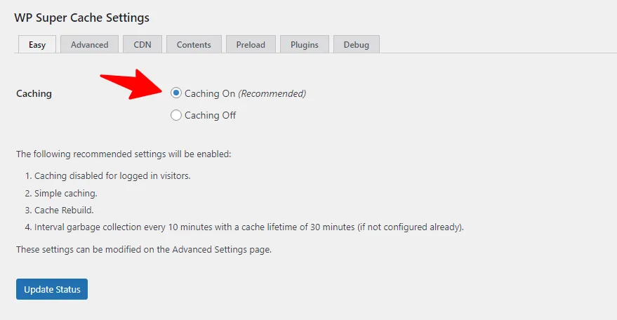 WP Super Cache settings page showing caching enabled option in the WordPress dashboard.