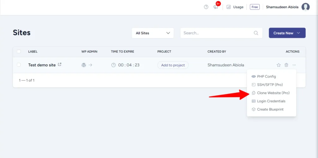 ZipWP dashboard site actions dropdown menu showing the Clone Website Pro option highlighted with a red arrow.
