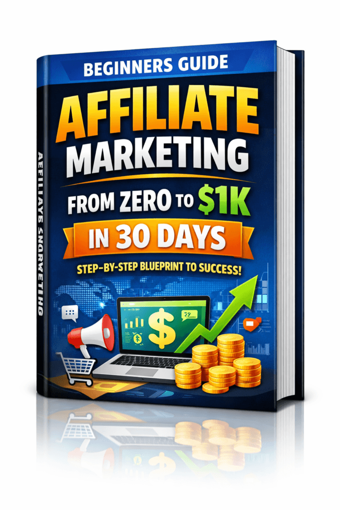 affiliate marketing ebook cover mockup Affiliate marketing ebook cover showing “From Zero to $1K in 30 Days” with laptop, coins, and growth arrow.