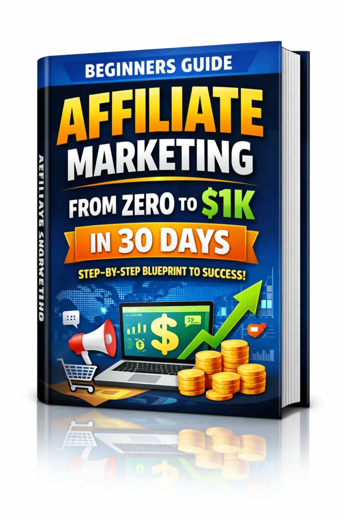Affiliate marketing ebook cover showing “From Zero to $1K in 30 Days” with laptop, coins, and growth arrow.