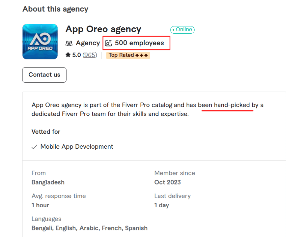 Agency profile page showing logo, 500 employees, top rated status, and Fiverr Pro verification details.