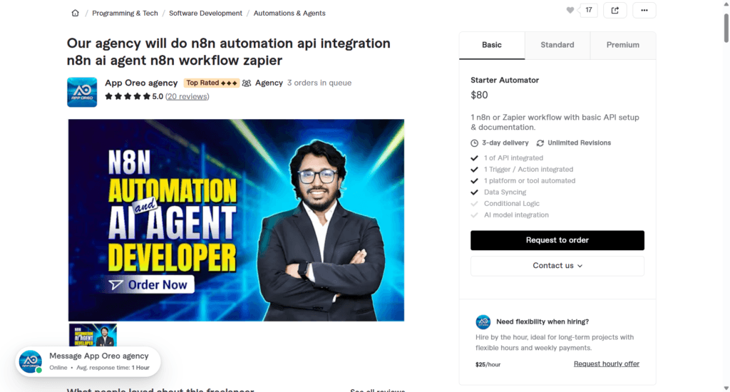 Fiverr gig listing from App Oreo Agency top rated seller offering n8n automation, API integration, AI agent development, and Zapier workflow services.