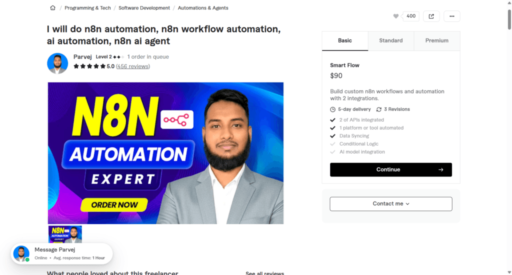 Code_Vibrant Fiverr service page for n8n automation expert showing smart flow pricing and custom workflow integration features.