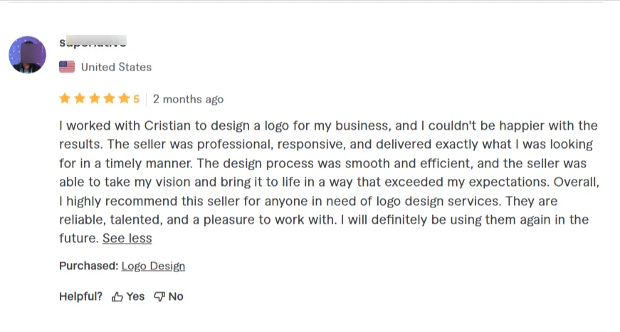 Fiverr user review for Cristiansticea from a customer in the United States featuring a 5-star rating for a professional and responsive logo design service.