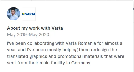 Cristiansticea Fiverr profile testimonial describing a year-long collaboration with VARTA Romania to redesign translated graphics and promotional materials.