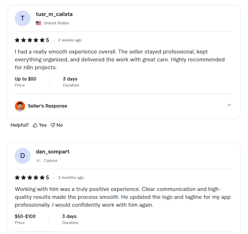 Client reviews for Tamin's automation projects showing five star ratings and positive feedback for professionalism and communication.