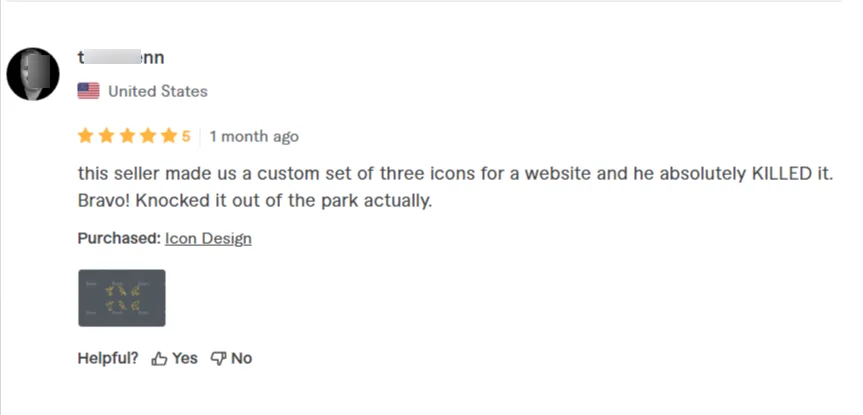 Fiverr user review for Ei8htz from a customer in the United States featuring a 5-star rating for a custom set of three website icons.