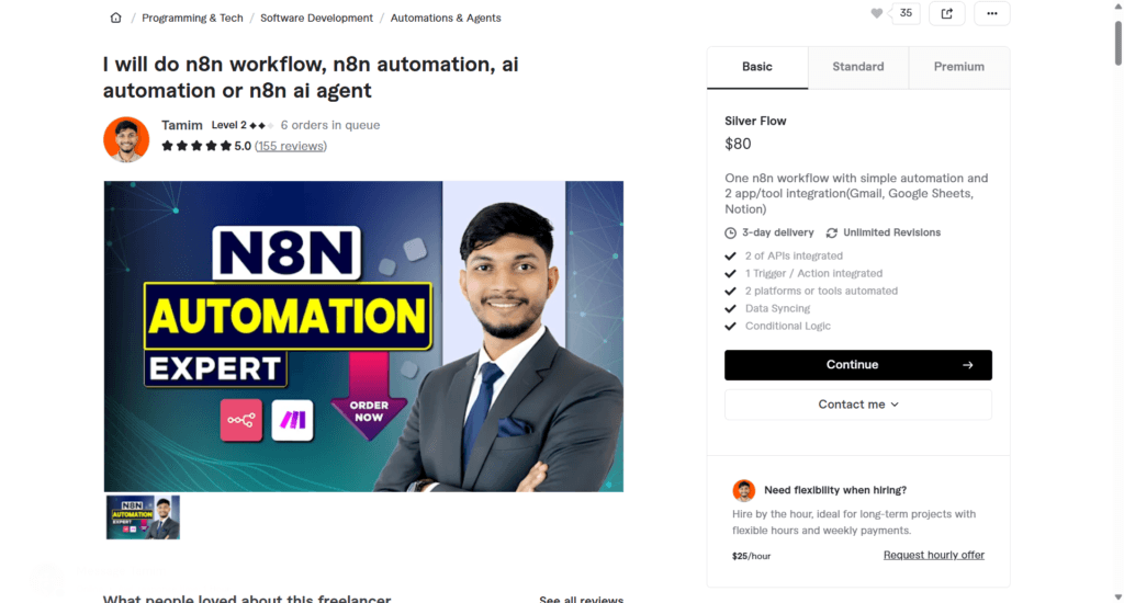 Tamin service page for n8n workflow and AI automation expert featuring pricing tiers and service details.