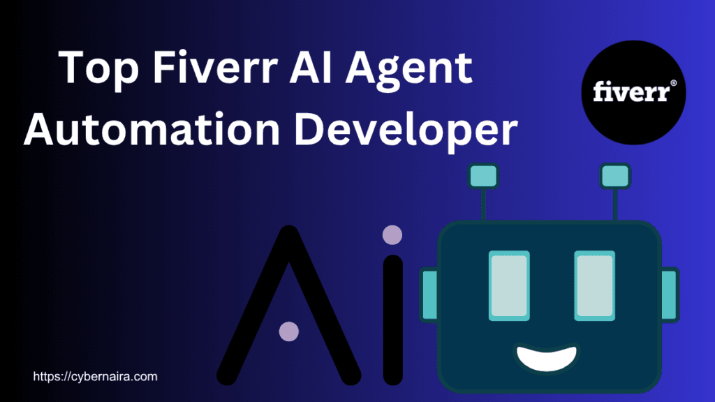 Graphic featuring Top Fiverr AI Agent Automation Developer text, Fiverr logo, and a smiling robot illustration.