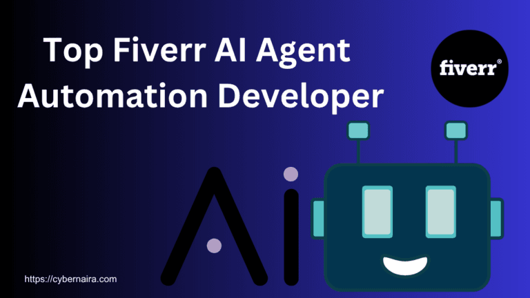Graphic featuring Top Fiverr AI Agent Automation Developer text, Fiverr logo, and a smiling robot illustration.