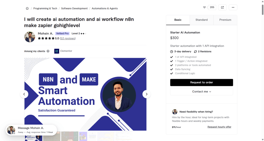 Fiverr gig listing from Mohs1n, a vetted pro seller offering AI automation and workflow services using n8n, Make, Zapier, and GoHighLevel.