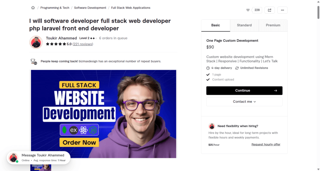 Biz Max Design full stack website development service listing showing MERN stack icons and custom web development pricing.