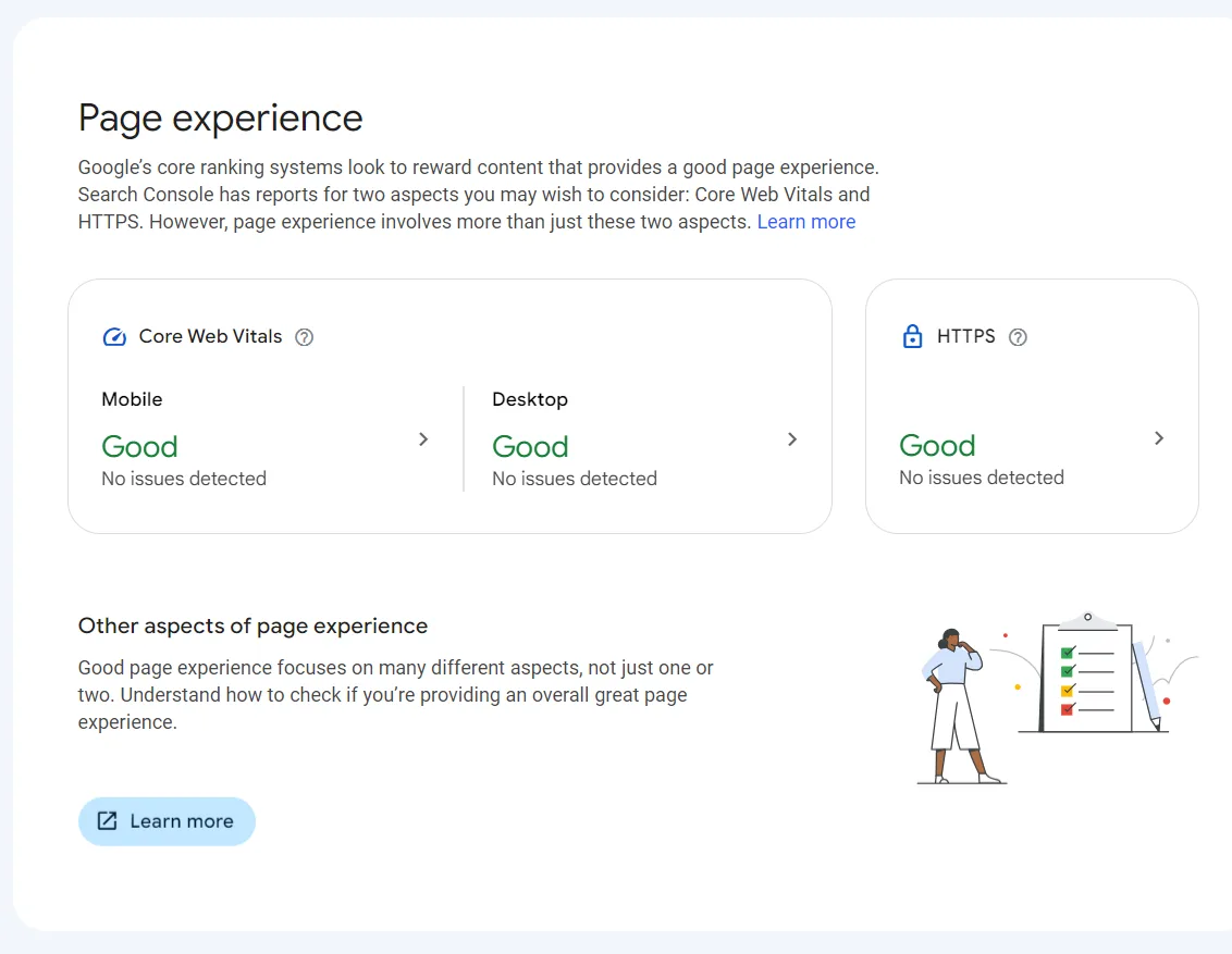 Google Search Console Page Experience report showing good Core Web Vitals for mobile and desktop and a good HTTPS status.