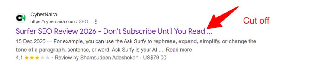 Google search result showing a CyberNaira blog post title being cut off in the search snippet due to exceeding the recommended character limit.