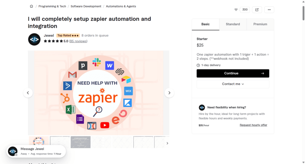 Jewelvsn freelance service listing for Zapier automation setup featuring a circle of integrated app icons like Slack, Gmail, and Wix.